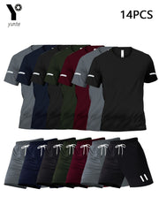 14pcs Printed Design Men's Casual Sportswear Set, Quick-dry Breathable Men's Short-sleeve Round-neck T-shirt and Elastic Waist Shorts with Pockets, Suitable for Spring, Summer, and Autumn Sports Activities and Fitness Workouts