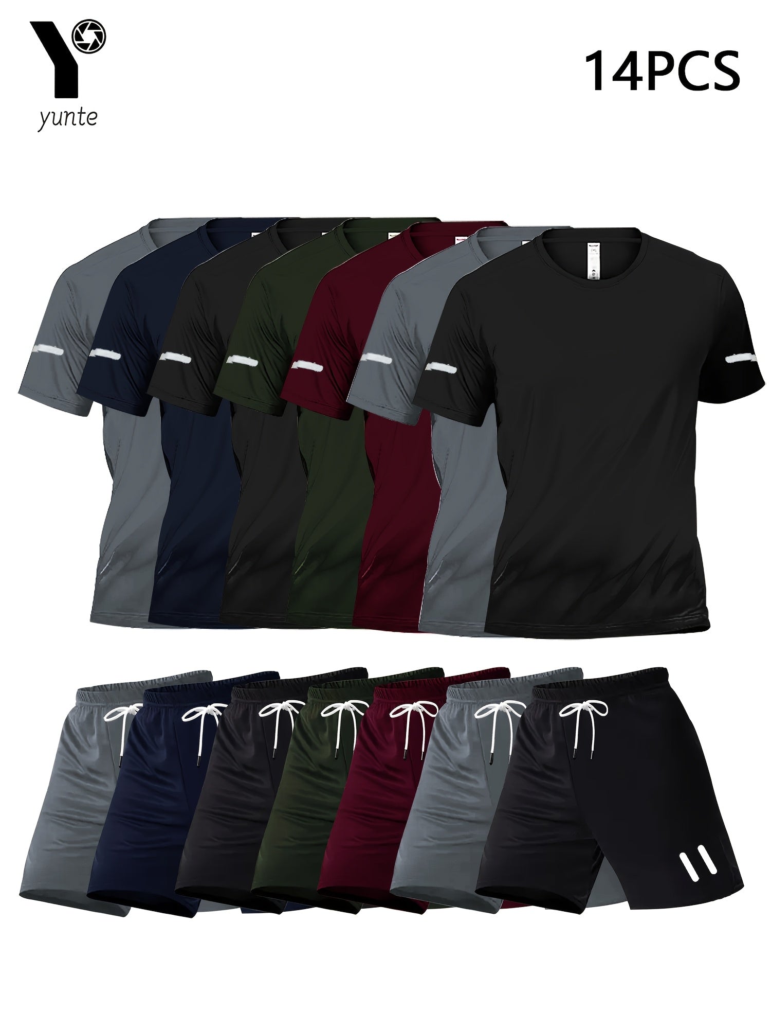 14pcs Printed Design Men's Casual Sportswear Set, Quick-dry Breathable Men's Short-sleeve Round-neck T-shirt and Elastic Waist Shorts with Pockets, Suitable for Spring, Summer, and Autumn Sports Activities and Fitness Workouts
