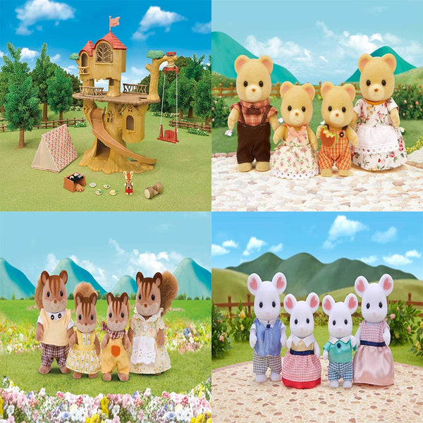 Sylvanian Families Adventure Tree House Gift Set Camping Edition & 3 Family Bundle Sets (3+ Years)