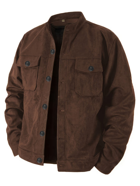 Men'S Casual Velvet Jacket with Pockets, Casual Long Sleeve Stand Collar Button-Up Coat