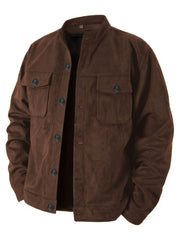 Men'S Casual Velvet Jacket with Pockets, Casual Long Sleeve Stand Collar Button-Up Coat