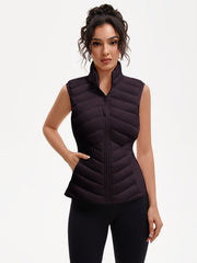 Women's Lightweight Outdoor Puffer Vest, Multi-Pocket Design, Elastic Waist Wrapping for Snug Warmth, Unique Zipper, Stand Collar, Polyester Filled