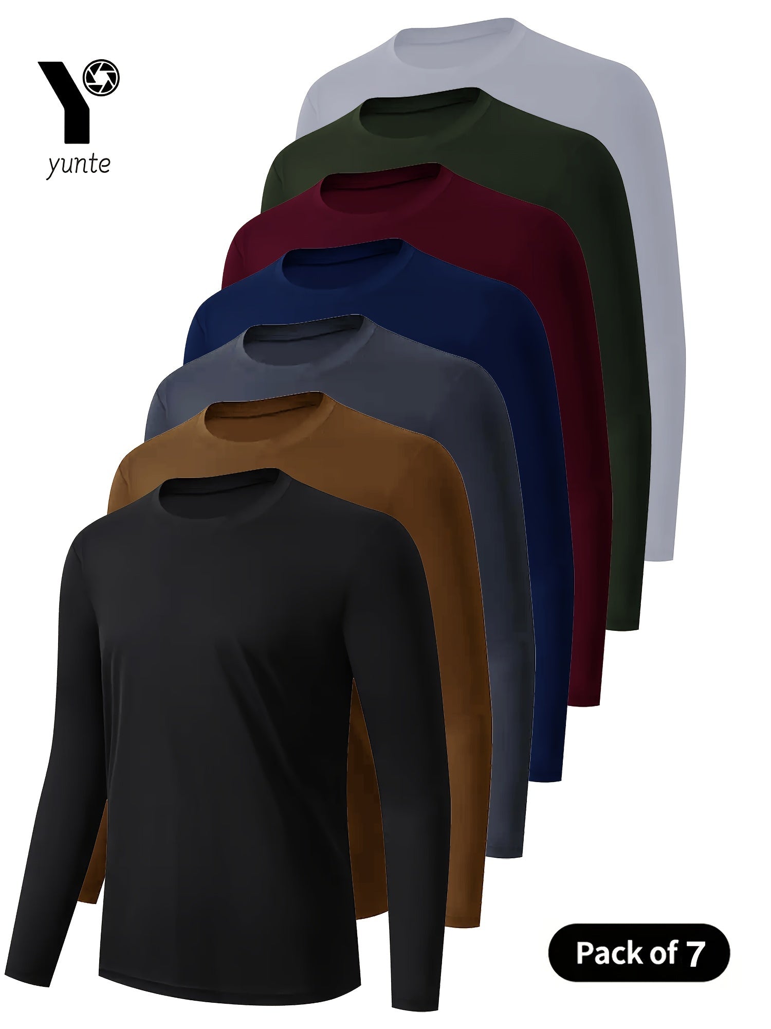 7pcs Men's Long Sleeve Crewneck Shirts in Black, Khaki, Gray, Navy, Burgundy, Army Green, and White - Quick-Dry Athletic Tops for Fitness, Casual Outdoor Wear, and Slimming Workout Apparel