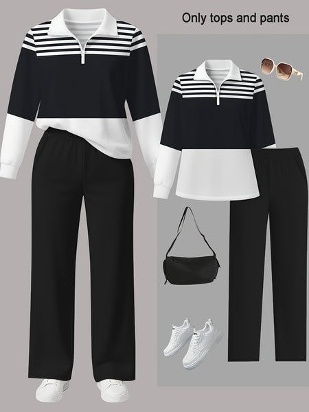 Women's 2pcs Suit Set - Striped Half-Pallet Pullover Top & Solid Color Pants with Zipper Closure, High-Elasticity Straight Leg Pants, Loose Fit for Commuting, Office & Daily Wear - All-Season Professional Attire (2pcs Matching Set)