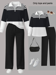 Women's 2pcs Suit Set - Striped Half-Pallet Pullover Top & Solid Color Pants with Zipper Closure, High-Elasticity Straight Leg Pants, Loose Fit for Commuting, Office & Daily Wear - All-Season Professional Attire (2pcs Matching Set)