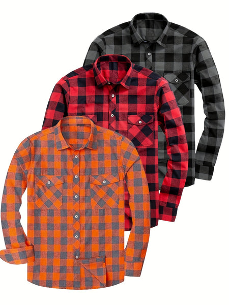 Men's 3pcs Fashion Casual Flannel Plaid Shirts for All Seasons