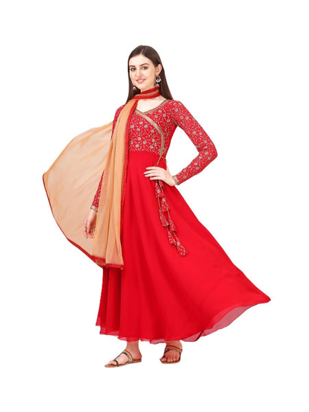 Estationeryhouse Women's Georgette Anarkali Kurta Kurti with Heavy Embroidery with contrast Dupatta (Bottoms not included)