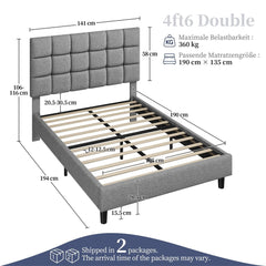 Costoffs Upholstered Bed Frame, Fabric Bed Frame with Fabric Headboard, Modern Platform Bed Frame with Strong Wooden Slats, Support and Square Tufted Headboard Height Adjustable, Double/King, Dark Gray/Light Gray/Beige