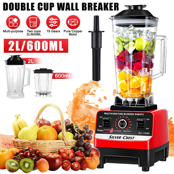 Heavy-Duty 15-Speed High-Power Blender Set with 2L+600ml Large Capacity, 6-Blade Motor & Automatic Juicer/Slushy Machine - Multifunctional Food Processor for Smoothies, Food, Ice Crushing, Shakes, Purees - Plug (220-240V)