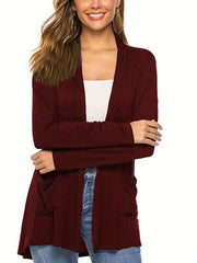Women Simple Style Cardigan, Solid Color Long Sleeve Knitwear with Pockets, S/ M/ L/ XL/ XXL