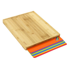 7 in 1 Large Bamboo Chopping Board Set with 6 Color-Coded Flexible Plastic Chopping Mats, Wooden Kitchen Cutting Boards with Food Icons, Non-Toxic & Dishwasher Safe
