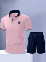Men'S Polo Shirt Fashion Casual Set Pique Mesh Letter Pattern Top And Bottom