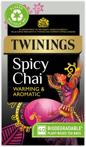 Twinings Spicy Chai Tea Warming & Aromatic Black Tea Spices of Cinnamon, Clove & Ginger with Assam Tea Base, 40 Biodegradable Tea Bags