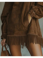 A High-Neck Dress for Women Featuring Fringes, a Loose Fit, Long Sleeves, And Pockets. This Bohemian-Style Skirt Is Perfect for The Relaxed Fashion of Autumn And Winter. It'S Great for Street Style, Holiday Trips