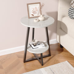 Marble Effect Round Small Coffee Tea Table 2 Tier White Grey Sofa Side Tables Living Room Bedroom Corner Plant Pot Stand Flower Pot Holder Display Shelf Metal Base