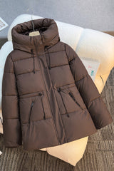 Women'S Thickened Warm Hooded Jacket for Autumn & Winter - Featuring Zipper, Fashionable Casual Adjustable Waistband, Mid-Length Puffy Coat, Suitable for Cold Autumn & Winter Days, Daily Commuting, Outdoor Activities