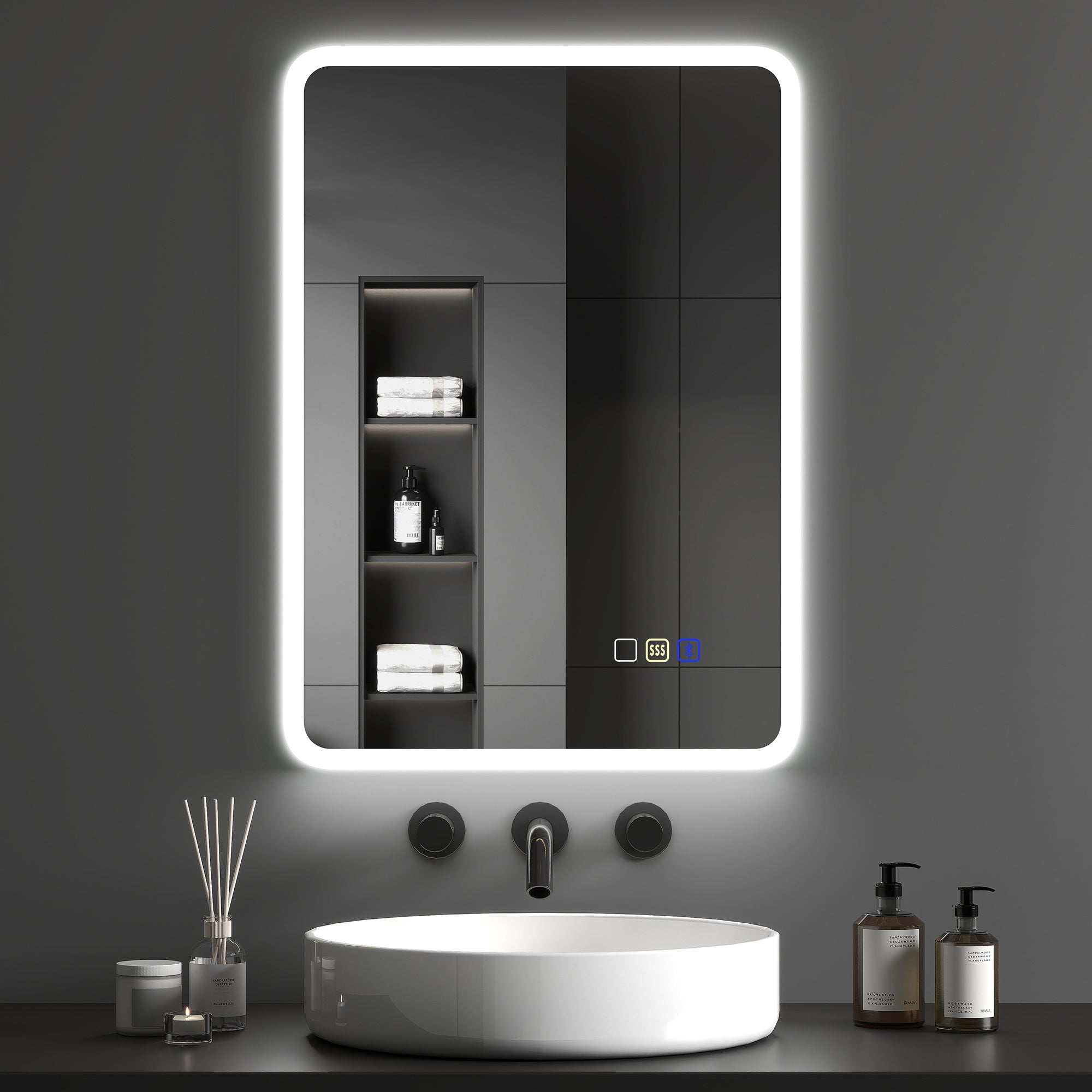 Backlit Illuminated Bathroom Mirror with LED Lights and Bluetooth, Wall Mounted Vanity Mirror with 3 Colours Dimmable, Anti-Fog, Memory Function, Touch Switch, IP44