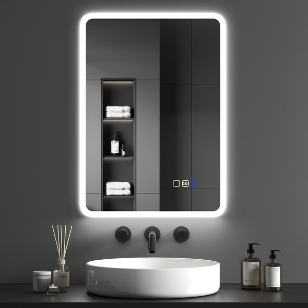 Backlit Illuminated Bathroom Mirror with LED Lights and Bluetooth, Wall Mounted Vanity Mirror with 3 Colours Dimmable, Anti-Fog, Memory Function, Touch Switch, IP44