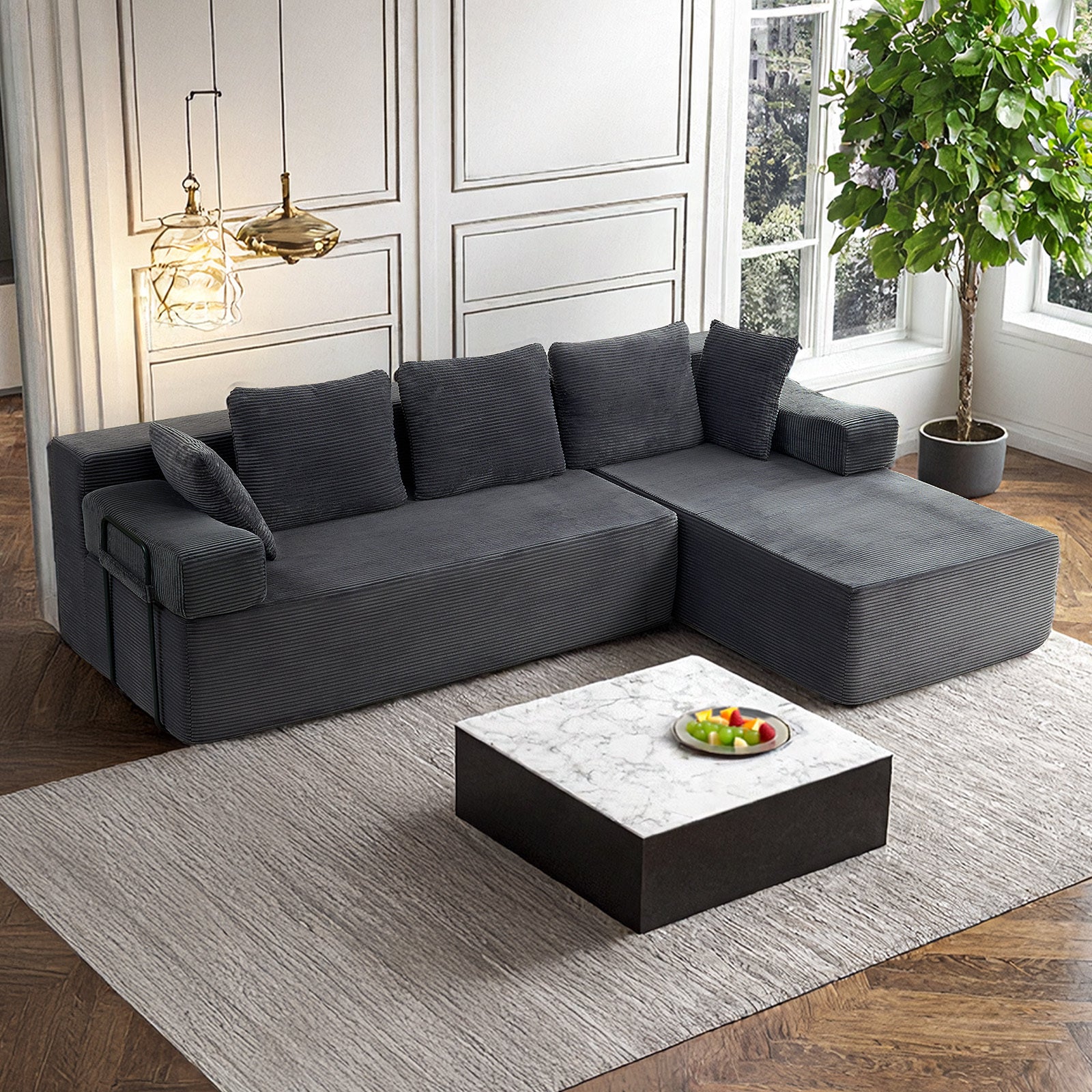 ROXGOX L-Shaped Sectional Sofa with Reversible Chaise, Left or Right Facing Modular Couch, No Assembly Required, Perfect for Small Apartment, Black Borwn Grey