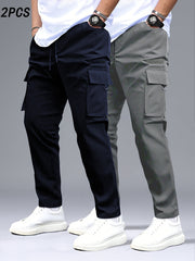 Men's 2pcs Cargo Pants with Drawstring Waist and Multiple Pockets, Suitable for Outdoor Casual Wear