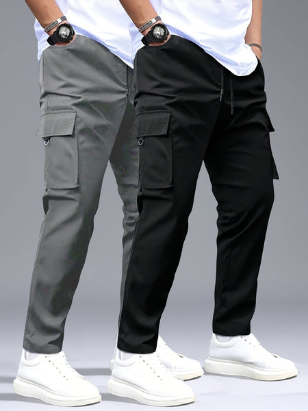 Men's 2pcs Cargo Pants with Drawstring Waist and Multiple Pockets, Suitable for Outdoor Casual Wear