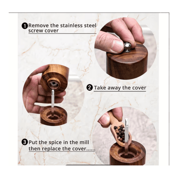 Wooden Salt And Pepper Grinder Set, Acacia Wood Pepper Mill With Wooden Tray, Cleaning Brush, Spoon, 20.32 Cm, Dinner Table Accessories, Chrismas Gifts, Halloween Gifts