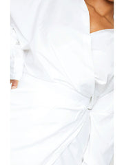 Women Wrap Midi Shirt Dress, Long Sleeve Lapel Side Zip Ruched Split Hem Dresses, Casual Office Party Dress