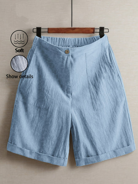 Women'S 100% Linen High Waist Shorts, Elastic Waist Button Front Loose Casual Bermuda Shorts for Daily Commute & Summer Vacation