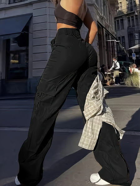 Flap Pocket Solid Color Cargo Pants, Y2K Slant Pocket Button Front Every Day Pants, Women's Clothing