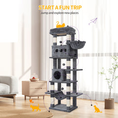 Cat Tree for Indoor Cats, 170cm Large Tall Cat Tower, Multi-Level Cats House with Condo, 8 Scratching Posts, Hammock, 4 Pom Poms