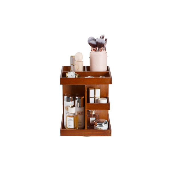 Wood Makeup Storage Box - 360-Degree Rotating Display Stand for Lipsticks, Skincare & Jewelry, Multi-Layer Organizer 22.5 * 22.5 * 27.5cm