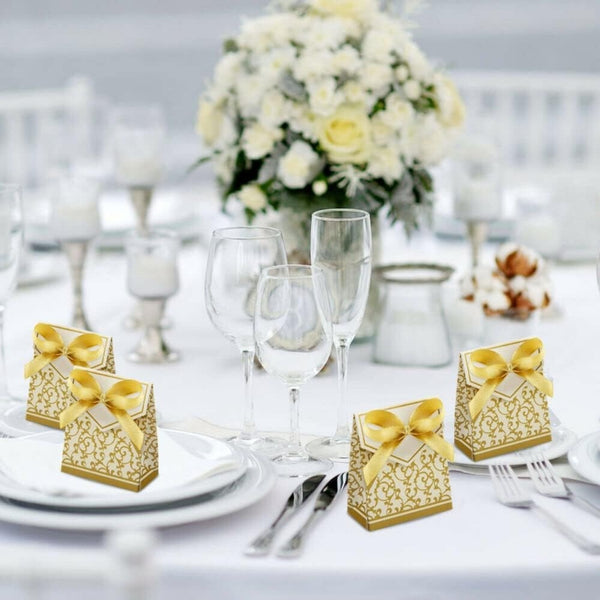 100Pcs Gold Christmas Treat Boxes with Ribbons - Perfect for Holiday Favors, Candy, Gifts, and Party Decorations