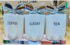 White Silver 3-Piece Marble Effect Ceramic Tea, Coffee & Sugar Canisters – 15x11cm Kitchen Storage Jars with Silver Bow Lid, Crystal Style Containers for Home Décor, Dining Table & Gift Set