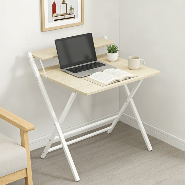 Costoffs 2-Tier Foldable Computer Desk with Monitor Shelf, Portable Laptop Table for Home Office Dorm Small Space, Modern Compact PC Desk, Black/White/Wood