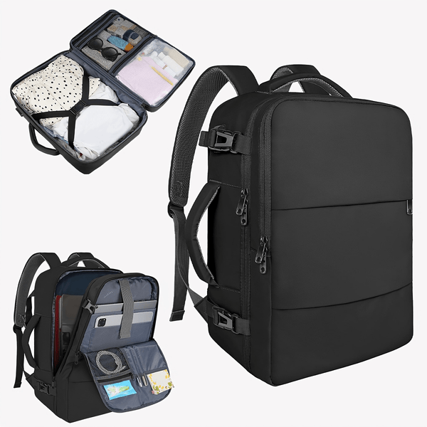 Large 45x36x20 Black Laptop Backpack for Women, Cabin Bag for EasyJet Underseat Use, Carry On Rucksack with Shoe Pouch, Organiser Pockets for Office, School, Travel and Daily Commute