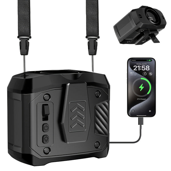 Portable Waist Fan with 7W Brushless Turbo Dual Motor, 100-Speed Adjustable, 6000mAh Power Bank, Phone Charging Design, Desktop Stand, Lanyard, Flashlight & LED Display for Outdoor Camping Fishing Hiking