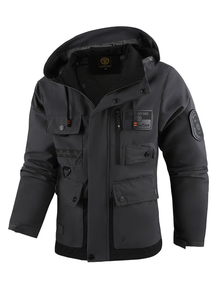 Men's Fashion New Jacket Men's Spring Autumn Thin Casual Multi-Pocket Outdoor High Quality Jacket Coat Men Detachable Hood Outdoor Trendy Design Waist Double Pocket Jacket