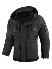Men's Fashion New Jacket Men's Spring Autumn Thin Casual Multi-Pocket Outdoor High Quality Jacket Coat Men Detachable Hood Outdoor Trendy Design Waist Double Pocket Jacket