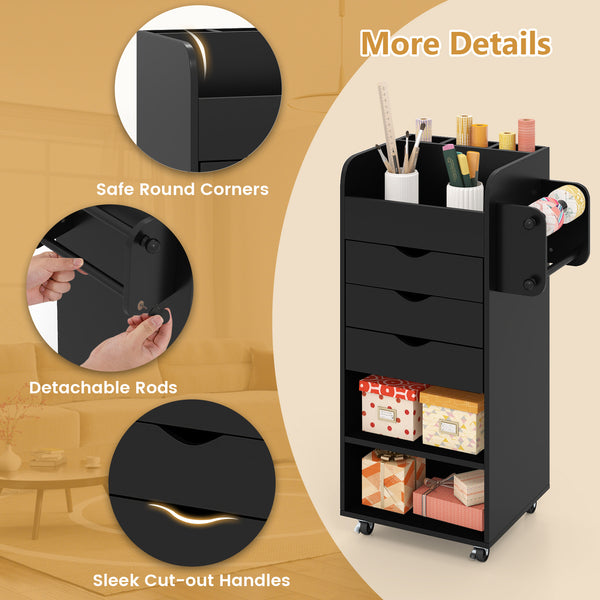 GOFLAME Rolling Storage Cart, Mobile Storage Cabinet with 3 Drawers, 2 Open Shelves, 2 Dowel Rods, Craft Utility Cart for Home, Office, Kitchen, Bathroom