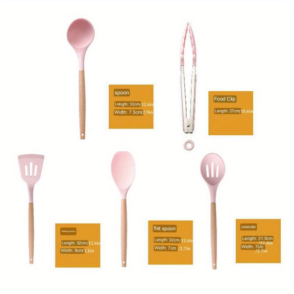 12pcs Silicone Kitchen Cooking Utensils Set with Wood Handle - Reusable Tableware Set for Camping, Picnic, Home, Party And Dinner