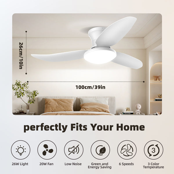 1pc 100cm Ceiling Fan Featuring Lights And Remote Control, with 6 Speed Settings, 3 Color Adjustable. This Low-Profile, Noiseless Reversible DC Motor Ceiling Fan Is Suitable for Bedrooms And Living Rooms
