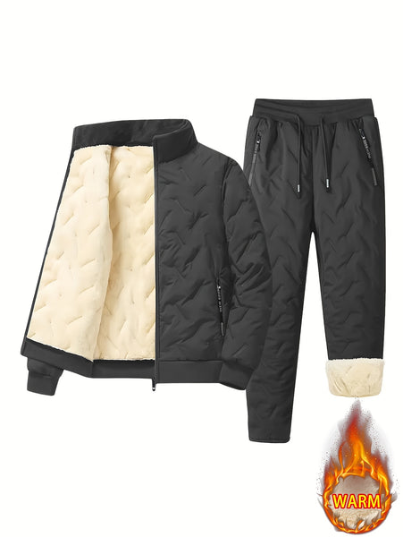 Men's 2pcs Casual Set: Fleece-Lined Thickened Jacket and Pants. Heavyweight Winter Sportswear with Zippered Cardigan Jacket, Fleece-Lined Warm Outerwear, Lamb's Lining. Matching Couple's Outfit for Men and Women. Leak-Proof Top and Pants with Elastic