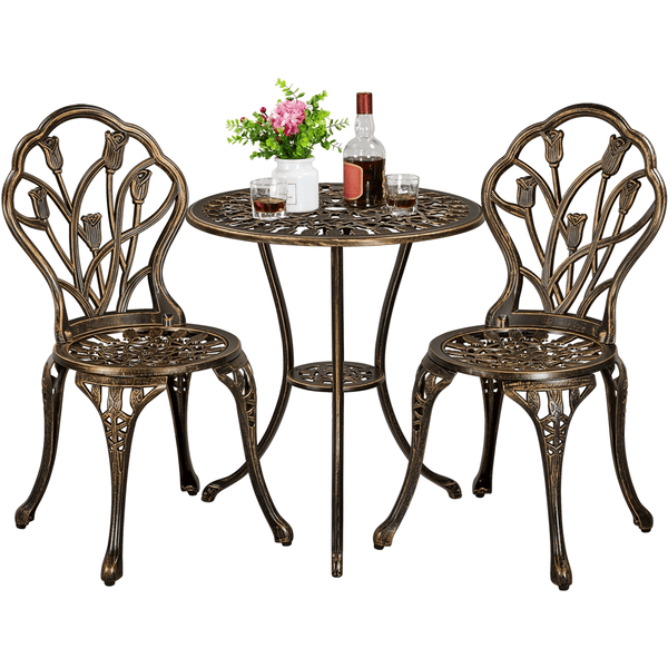 Costoffs 3pcs Patio Bistro Table Set with Umbrella Hole Outdoor Furniture Antique Aluminium Chair Rose Vine Dining Set for Garden Backyard Porch Balcony Lawn Pool