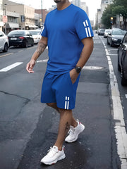 A Stylish Two-Piece Summer Outfit for Men, Featuring a Short-Sleeve Round-Neck T-Shirt And Shorts with Pockets