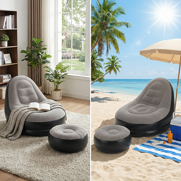 59-Inch Inflatable Lounge Chair Designed for Adults, a Portable Lazy Sofa Complete with a Footstool. This Flocked Recliner Is Perfect for Both Indoor And Outdoor Use