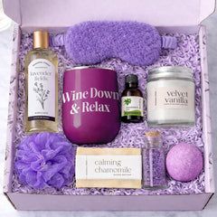 Gift Set with Wine Tumbler, Candle, Silk Sleep Mask, Bath Salts in Glass, Bath Bomb, Essential Oil, Bubble Bath Soap, Loofa and Soap Bar - Eye Catching and Unique Spa Bath Gift Set