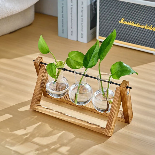 Multi-Tube Plant Propagation Station with Wooden Stand & Metal Swivel Holder, Desktop Retro Plant Terrarium Bulb Vase for Indoor Hydroponic Flowers, Tabletop Glass Planter Housewarming Gifts for Plant Lovers, 28x13.8cm (3 Tubes)