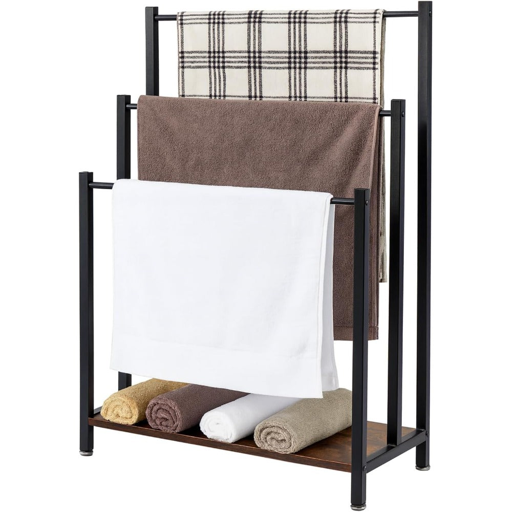 57X28X83CM Towel Rack Freestanding Towel Rack Industrial Metal 3-Bar Towel Rail with Storage Shelf Anti-Slip Feet Free Standing Towel Rail for Bathroom Drying Stand for Bath Hand Towels Quilt Blanket