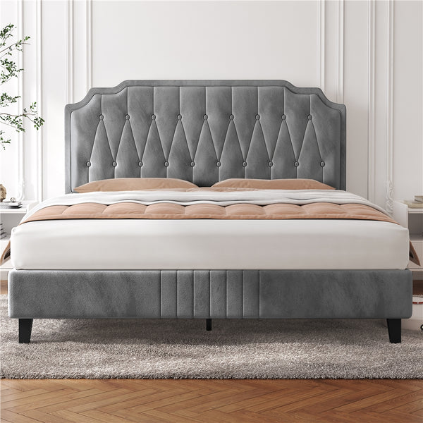 Costoffs Double/King Bed Frame Upholstered Platform Bed with Adjustable Button Tufted Headboard/Velvet Fabric/Mattress Foundation/Sturdy Wooden Slat Support, No Box Spring Needed, Black/Beige/Dark Grey/Light Grey