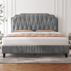 Costoffs Double/King Bed Frame Upholstered Platform Bed with Adjustable Button Tufted Headboard/Velvet Fabric/Mattress Foundation/Sturdy Wooden Slat Support, No Box Spring Needed, Black/Beige/Dark Grey/Light Grey